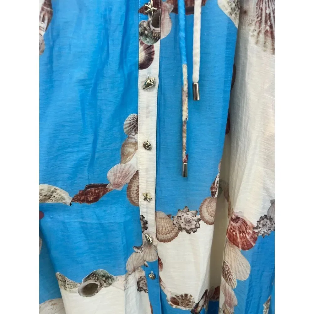 Caroline Constas Sea Shell Print Midi Dress Small Blue White Beach Coastal NWT